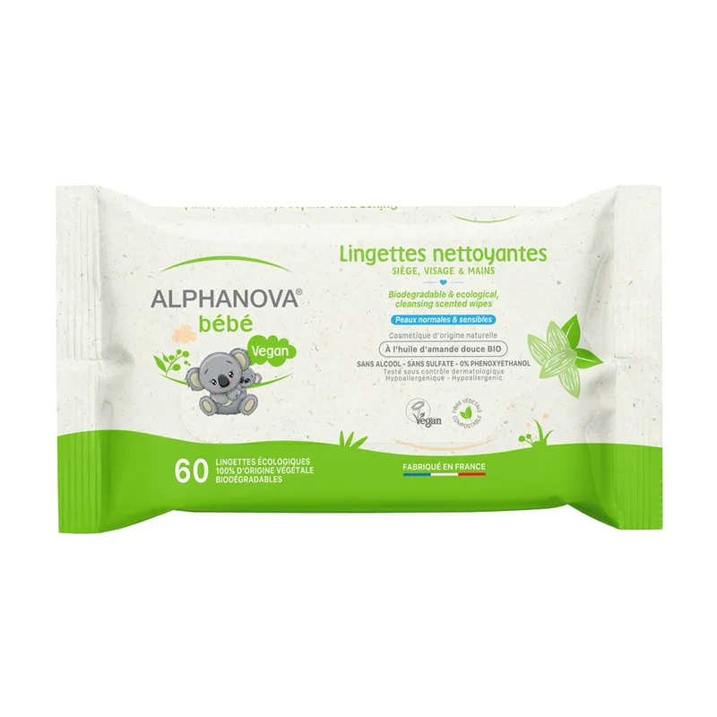 Alphanova Lingettes A l'Huile d'Olive & Aloe -Biodegradable - sans Parfum - 60u - Hypoallergenique