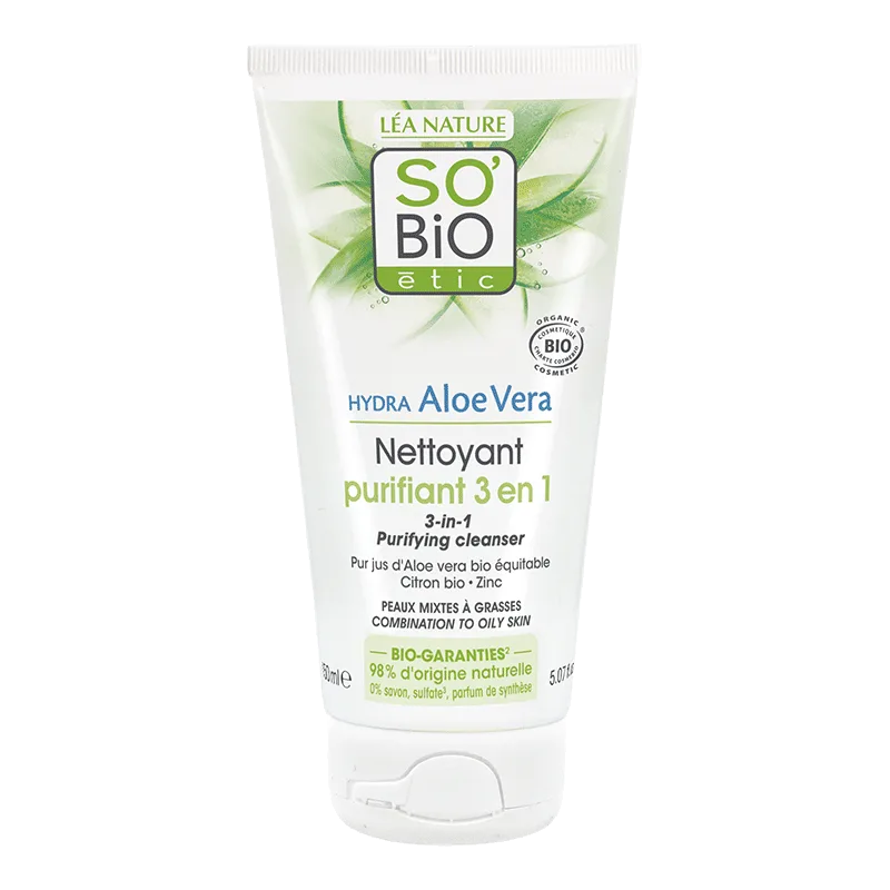 SO'BiO Gel Nettoyant Purifiant 3 en 1 "Hydra Aloe Vera" 150 ml