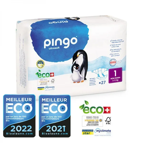 Pingo Couches Écologiques Jetables Nouveau Né Taille 1 (2-5 kg) 27 Couches
