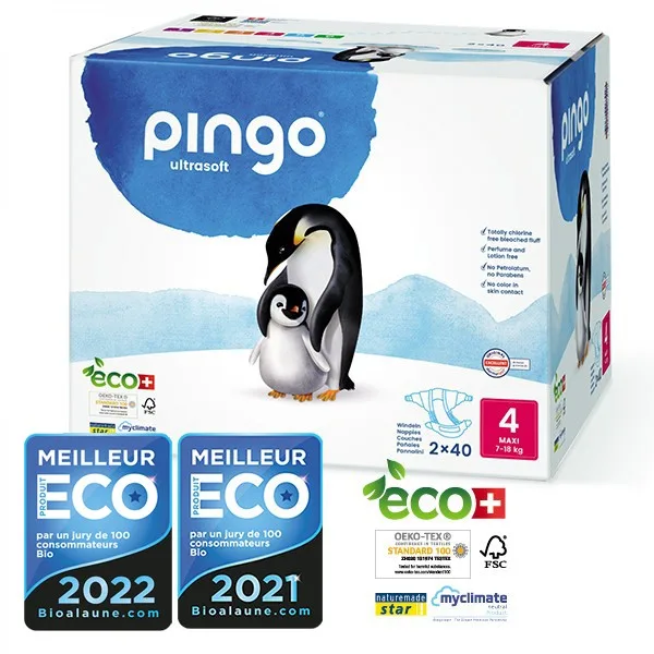 Pingo Couches Écologiques Jetables Maxi Jumbo Taille 4 (7-18 kg) 2X40 Couches