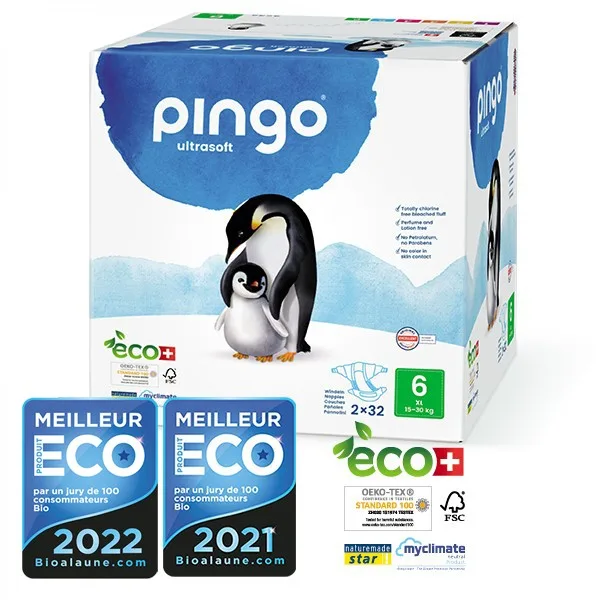 Pingo Couches Écologiques Jetables Jumbo XL Taille 6 (15-30 kg) 2X32 Couches