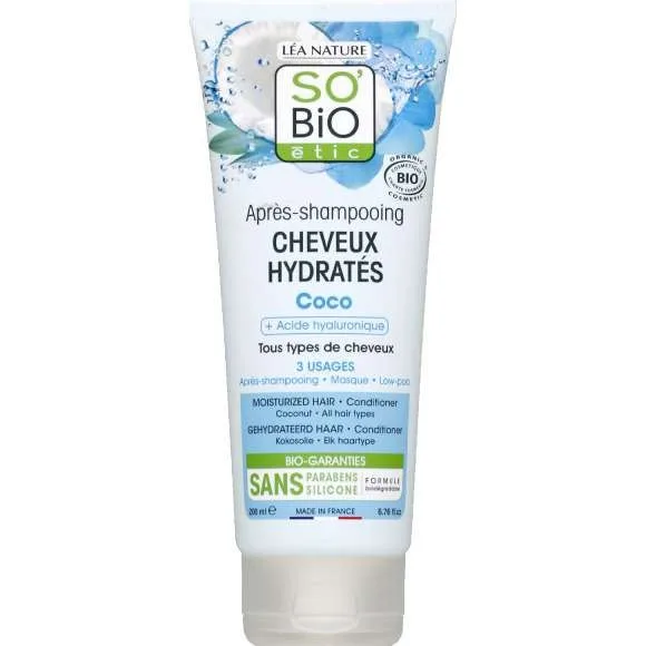 SO'BiO Après-Shampooing Cheveux Hydratés Coco & Acide Hyaluronique 200 ml