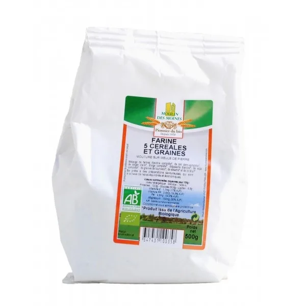 Moulin des Moines "Farine 5 Cereales et Graines 500 g (blé, seigle, orge, épeautre, graines de tournessol et lin brun)"
