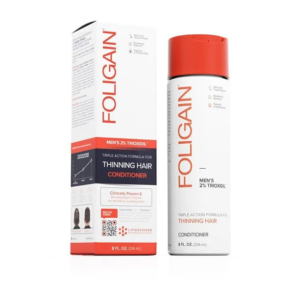 Foligain Après-shampooing triple action pour cheveux clairsemés pour hommes avec 2 % de trioxidil